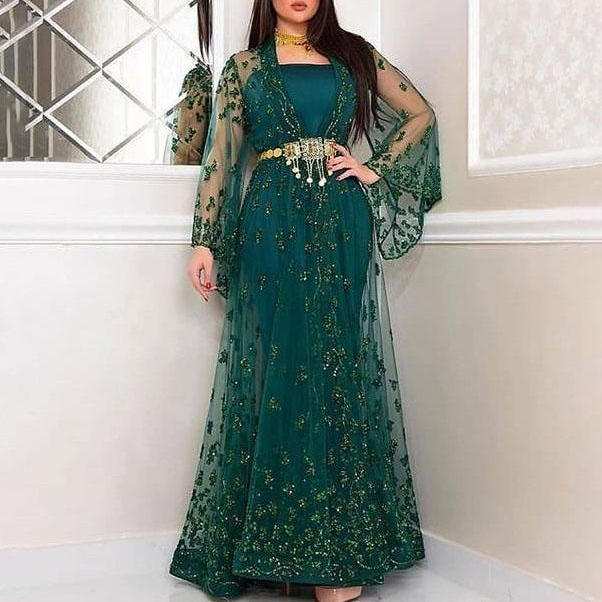 Black Girl Silver Sequins Dentelle Green Mermaid Pal Robes 2020 manches longues balayer Train réfléchissant Longues robes de soirée 2022