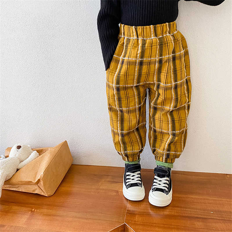 

winter boys and girls thicken casual plaid pants children fleece warm sport trousers 210615, Yellow