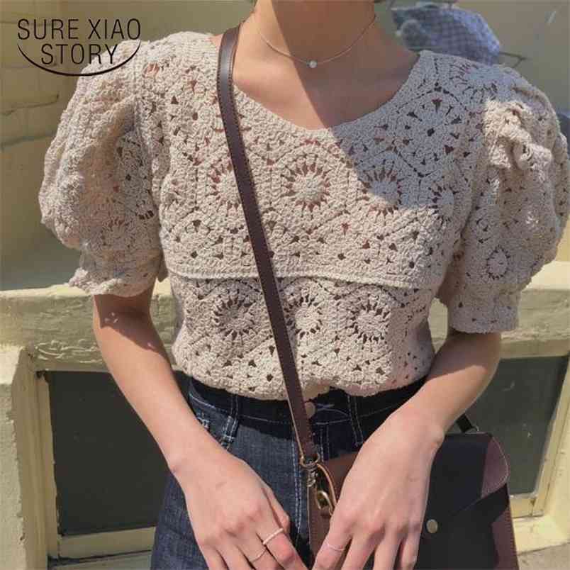 

Vintage Summer Tops Women Clothes Blusas Mujer De Moda Puff Sleeve Hollow Out Shirt Female Retro Lace Blouse 9591 210506, White