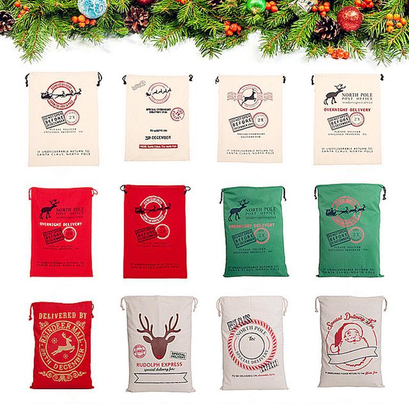 

Christmas Decorations 50pcs/lot Santa Sack Gift Bags 24 Styles Xmas Canvas Bag Cotton Elk Claus Drawstring Red