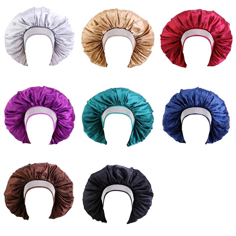 

Beanie/Skull Caps Large Size Satin Bonnet Elastic Band Rhinestone Wide Side Design Drilling Night Sleep Cap Head Cover Wrap, Black