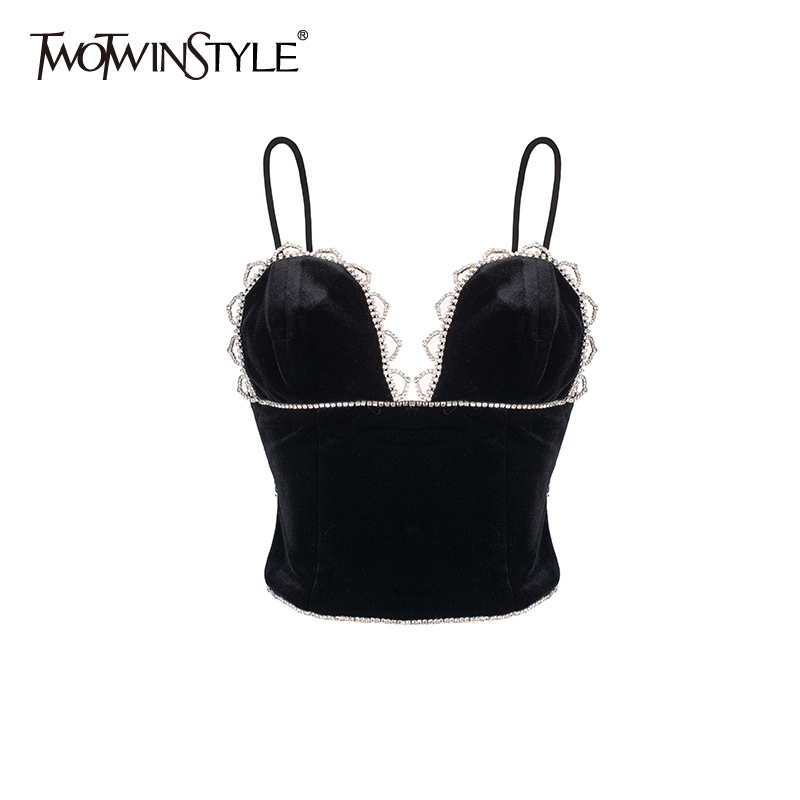 

TWOTWINSTYLE Sexy Party Patchwork Diamond Vest For Women V Neck Sleeveless Short Tank Tops Female Fashion Clothing 210517, Black