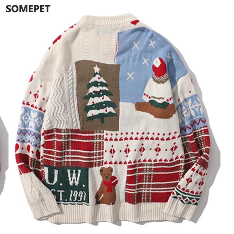 

Men's Sweaters Winter Warm Pullover Christmas Round Neck Knit Sweater Couple Hip Hop Casual Oversized Patchwork, White;black