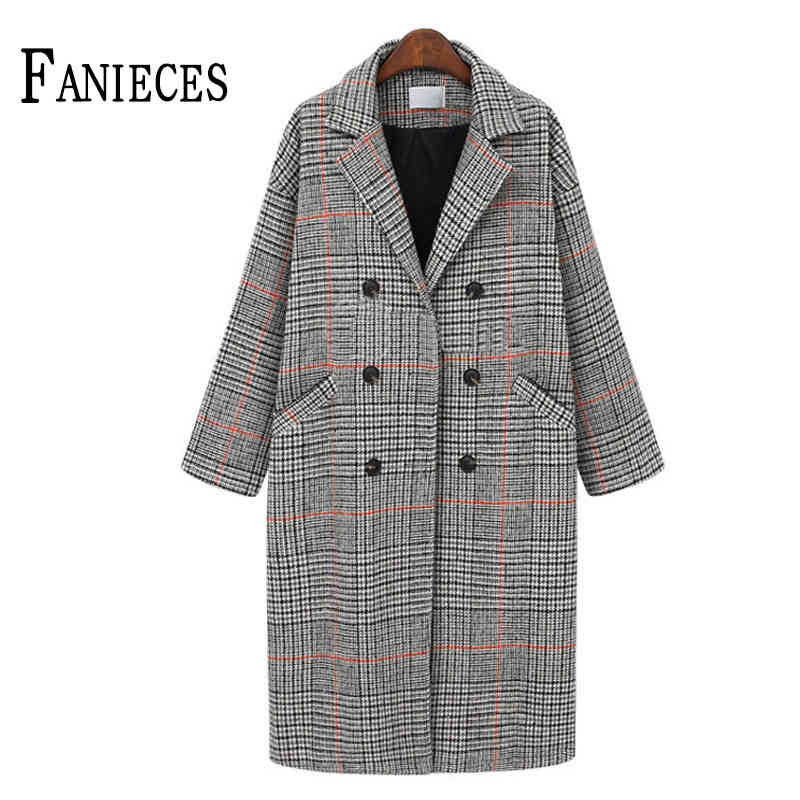 

Oversize 5XL Autumn Winter Women Coat Overcoat houndstooth Mid-Length pockets Thickened Woolen Coats Jacket 210520, Khaki