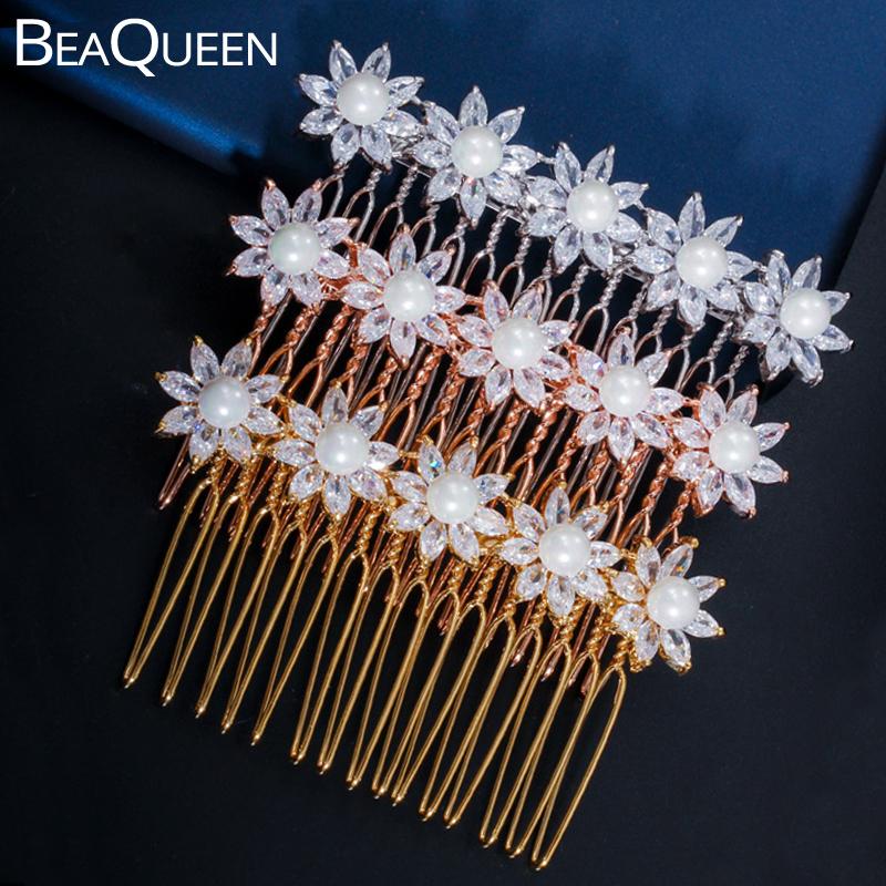 

Hair Clips & Barrettes BeaQueen Elegant Marquaise Cubic Zirconia Flower Bridal Wedding Comb Gold Color Pearl Headpiece Jewelry For Women H00, Golden;silver