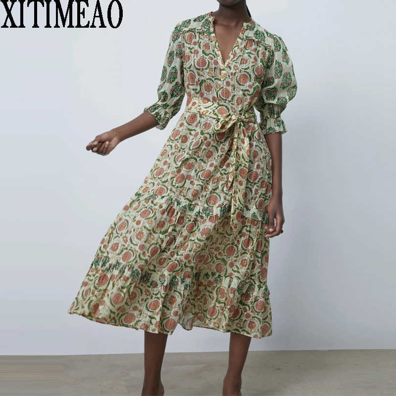 

ZA Women Spring Autumn Vintage Print Casual Middle Sleeve Shirt Dress Leisure Vacation Long Skirt With Belt Xitimeao 210602, As picture
