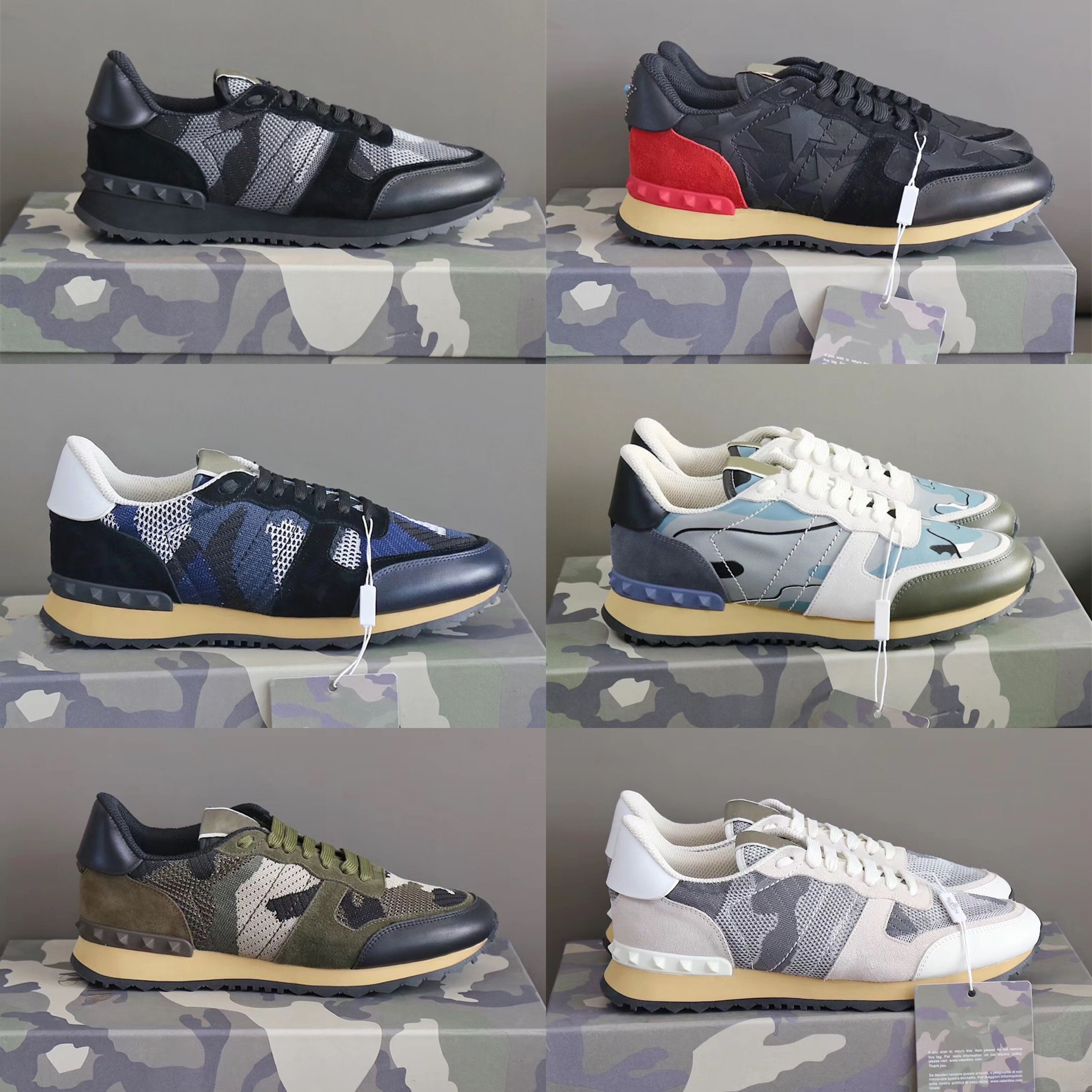 

2021 Men Stud rockrunner camouflage Sneakers Designer Shoes Fashion Leather Suede Flats Luxury Rivet Rockrunner Trainers Casual Shoes With Gift Box 264, Color 8