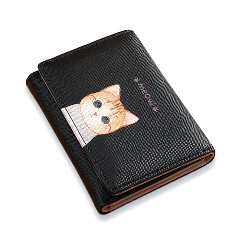 

Designer Cute Cat Ladies Small Purse Pu Leather Trifold Women Money Wallet Card Holder Female Short Wallets Black Pink, Gray