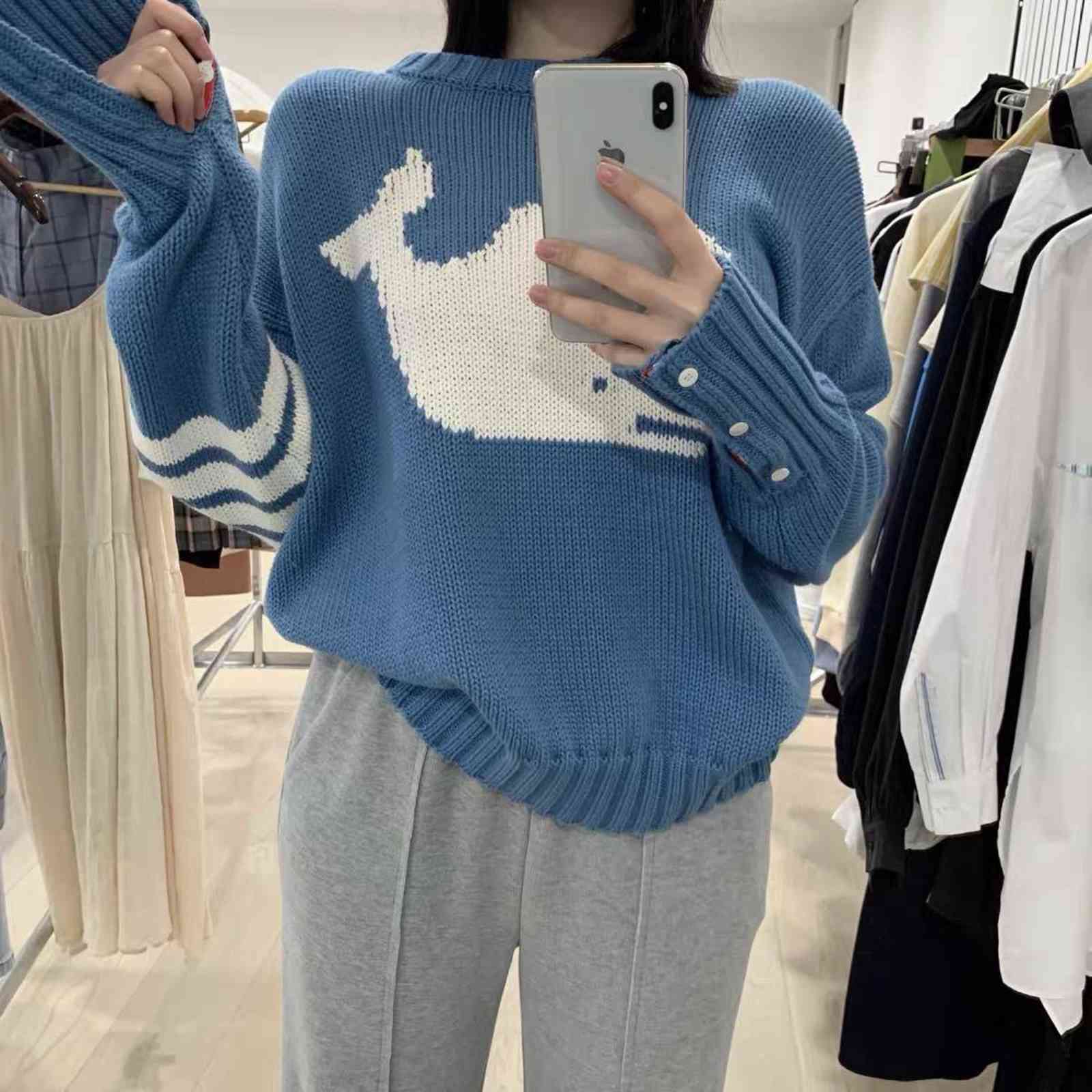 

TB THOM 2021 Autumn Women Sweater Blue Whale Loose Casual Soft Couple Top Korean Design Girl Pullover High Quality H1023