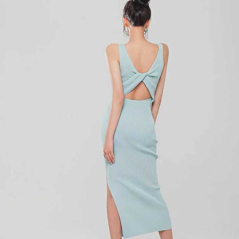 

Sexy Cross Backless Knit Sweater Midi Dress Bodycon Party Summer Casual Elegant Bandage Vestidos 210526, Photo color