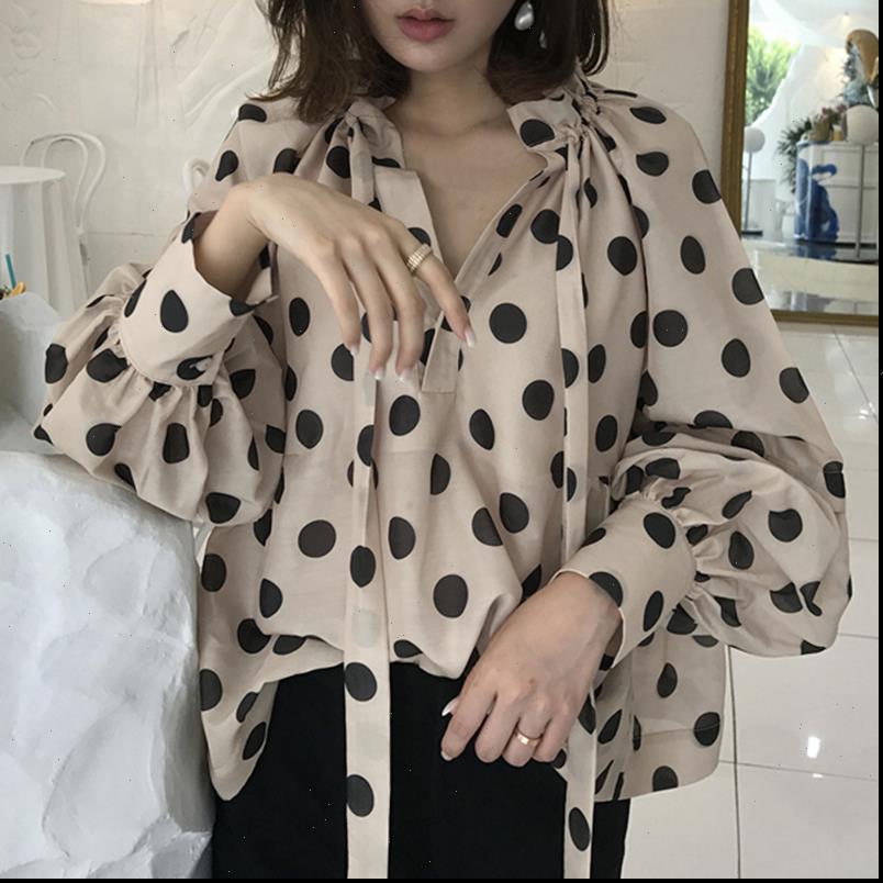 

Vintage Womens Shirt Polka Dot Blouse Women Lantern Sleeve Casual Tunic Plus Size Stylish Fashion Stand Collar Bow Tie Blusa, White