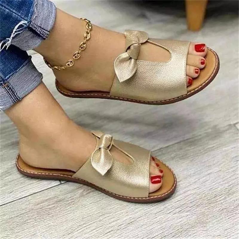 

Slippers Women's Shoes Flip Flops Fashion Casual Solid Color PU Bowknot Hollow Round Head Flat Heel Comfortable All-match Sandals, Black