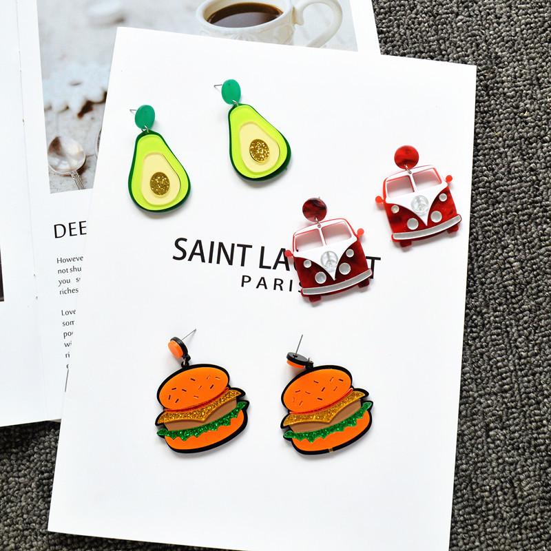 

Dangle & Chandelier Cartoon Cute Locomotive Hamburger Avocado Pendant Earrings Individual Emulational Acrylic Burger Girl Gifts
