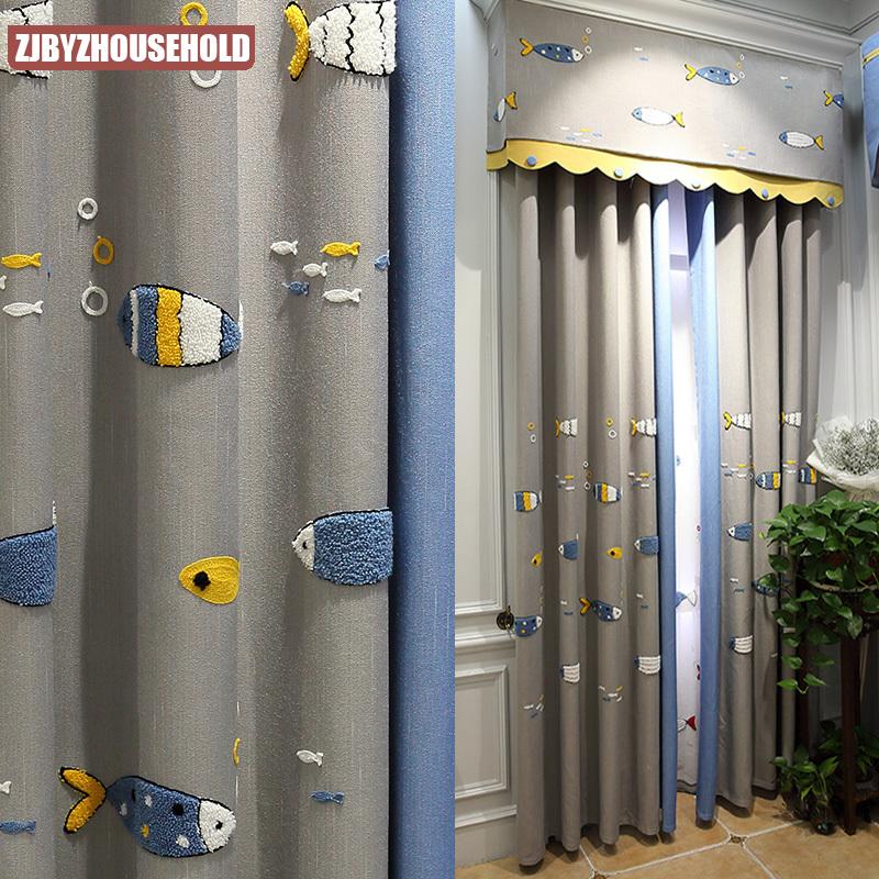 

Curtain & Drapes Nordic Gray Cartoon Fish Cotton And Linen Children's Room Cloth Boy Bedroom Bay Window