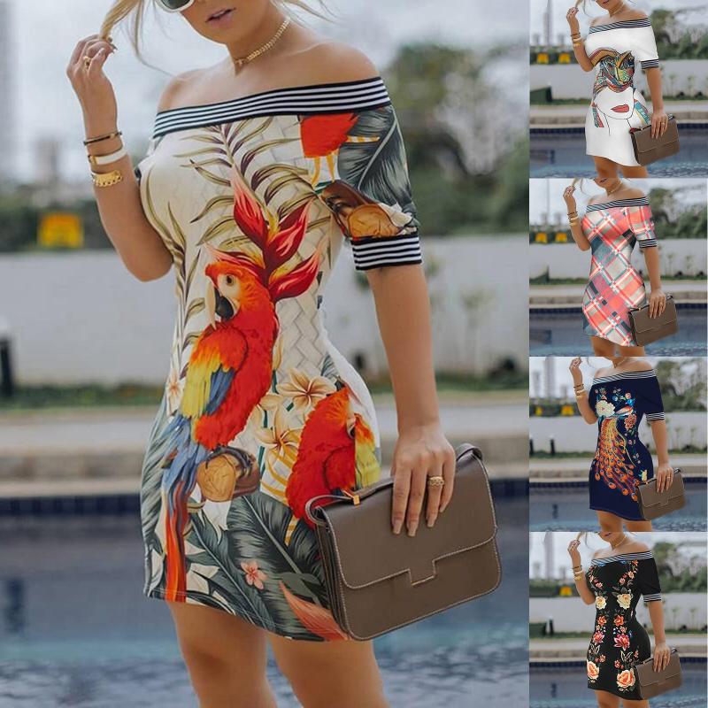 

Casual Dresses Sexy Off Shoulder Print Mini Dress Fashion Women Evening Party Bodycon Femme Short Sleeve Vestidos, White