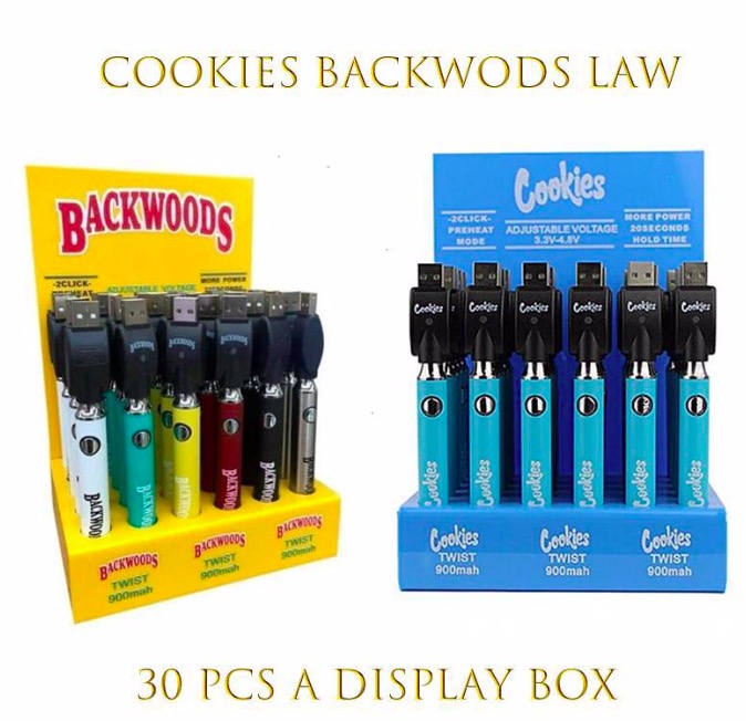 

Cookies Backwoods Law Twist Preheat VV Battery 900mAh Bottom Voltage Adjustable Usb Charger Vape Pen 30Pcs with Display Box CE4