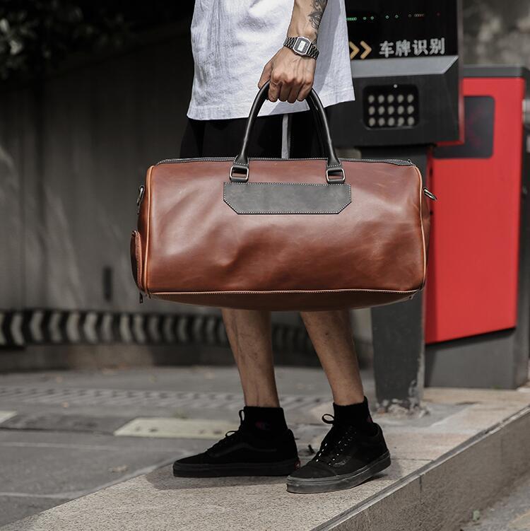 

sales mens bag multifunctional shoes men travel handbag retro contrast crazy horse PU travels bags personality wet and dry separation fitness handbags, Coffee