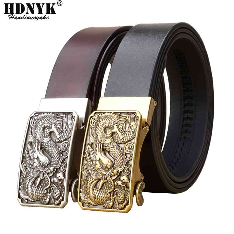 

Famous Brand China Dragon Buckle Belt Men Cowskin Genuine Luxury Leather Men's Belts for Men,Strap Male Metal Automatic Buckle 210310, Black;brown