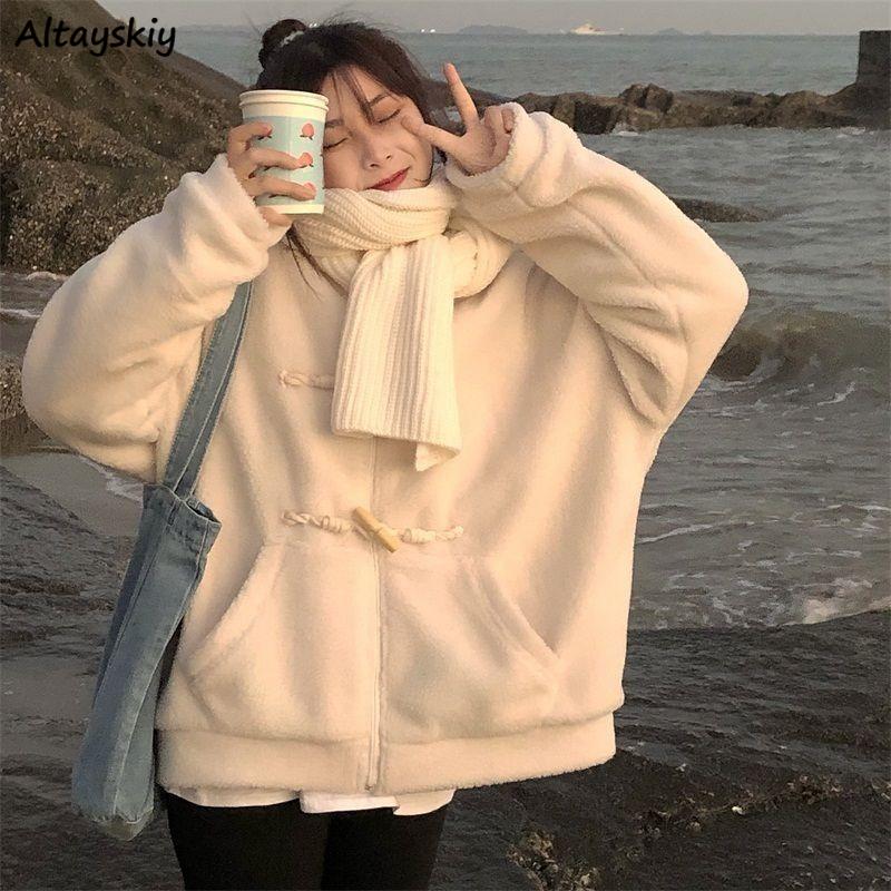 

Women's Jackets Lambswool Women Sweet Plus Velvet Solid Loose Horn Button Coat Hooded Lovely Warm Comfortable Winter Trendy Outwear, Black;brown