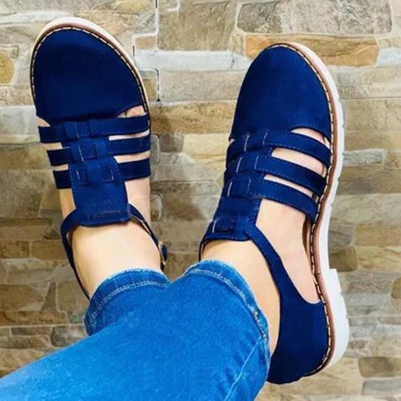 

Woman Sandals Ladies Casual PU Cut Out Buckle Sewing Platform Flat Shoes Fashion Comfortable Female 2021, Black