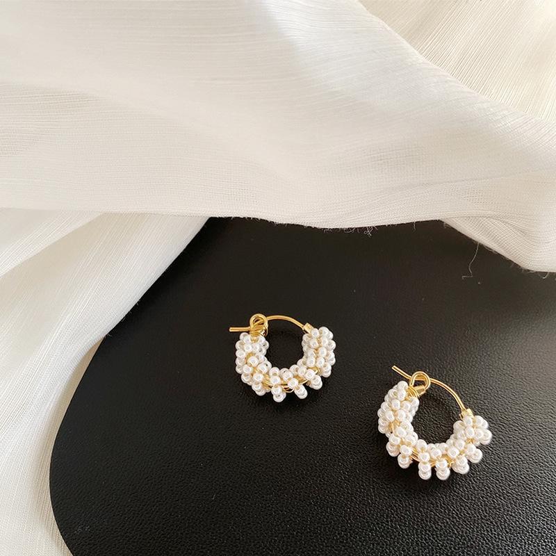 

Handmade Multi Beaded Pearl Hoop Earrings For Women Dainty Cute Small Hoops Wired Beadwork White Statement Jewelry Gift & Huggie