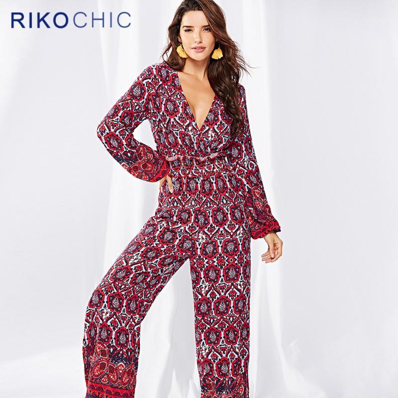 

Women's Jumpsuits & Rompers RIKOCHIC 2021 Autumn Spring Women V Neck Red Long Elegant Boho Printed Ladies Party Wide Leg C386