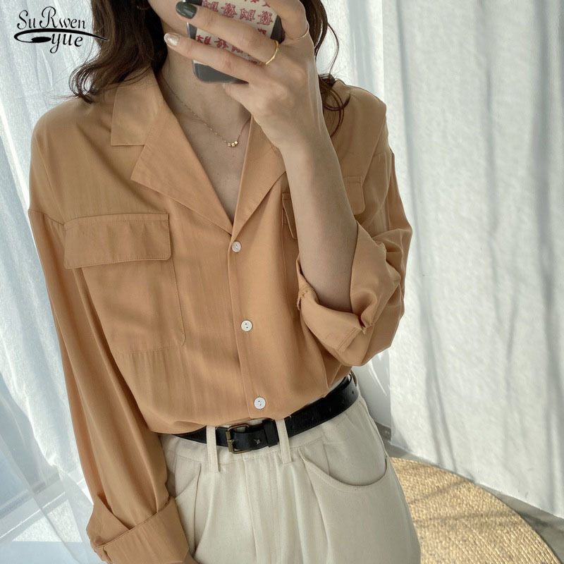 

Chemisier Femme Blouse Women French Lapel Korean Loose Autumn Neutral Minimalism Shirt Long Sleeve Chiffon 10945 210521, Orange
