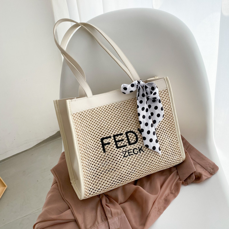 

70% Off exclusive Summer high-capacity BEACH STRAW BAG female new fashion hand-held armpit bag embroidered letter Tote Bag, White
