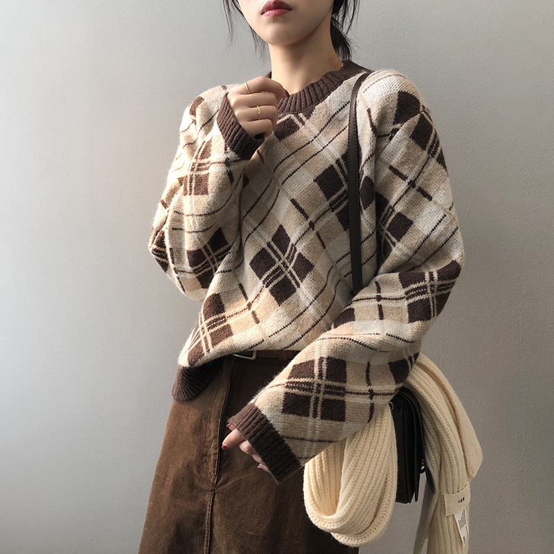 

Fashionable Casual Argyle Sweater Women Autumn Winter Color Contrast Diamond Retro O Neck Pullover Knit Top Female 210520, Apricot