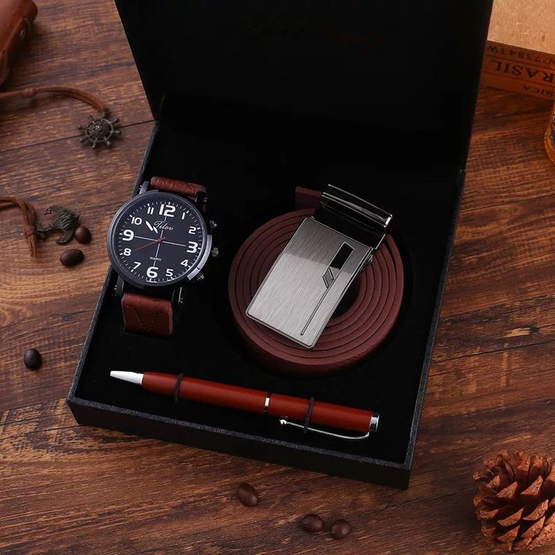 

Wristwatches Fashion Men Watch Set Mens Artificial Leather Quartz Analog Wrist Top Quality Belt Signing Pen Gift Sets For Husband, Brown set