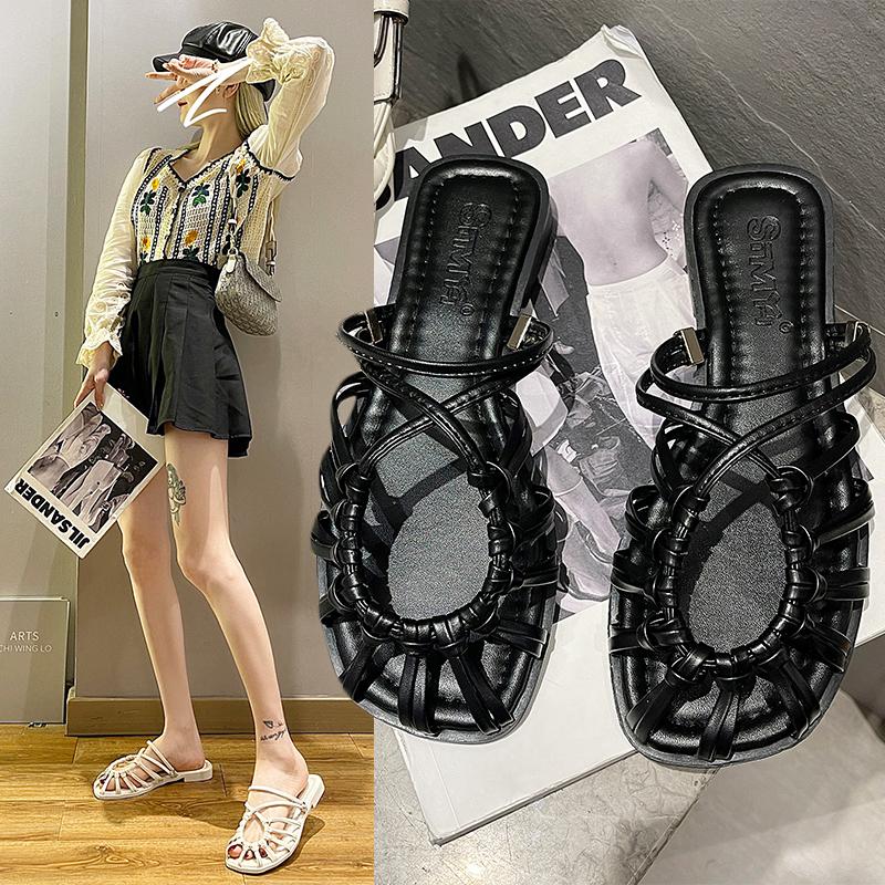 

Sandals Summer Women Flat Flip Flop Solid Color Wear Slippers Braided Rope Bandage Beach Shoes Breathable Lady, Black