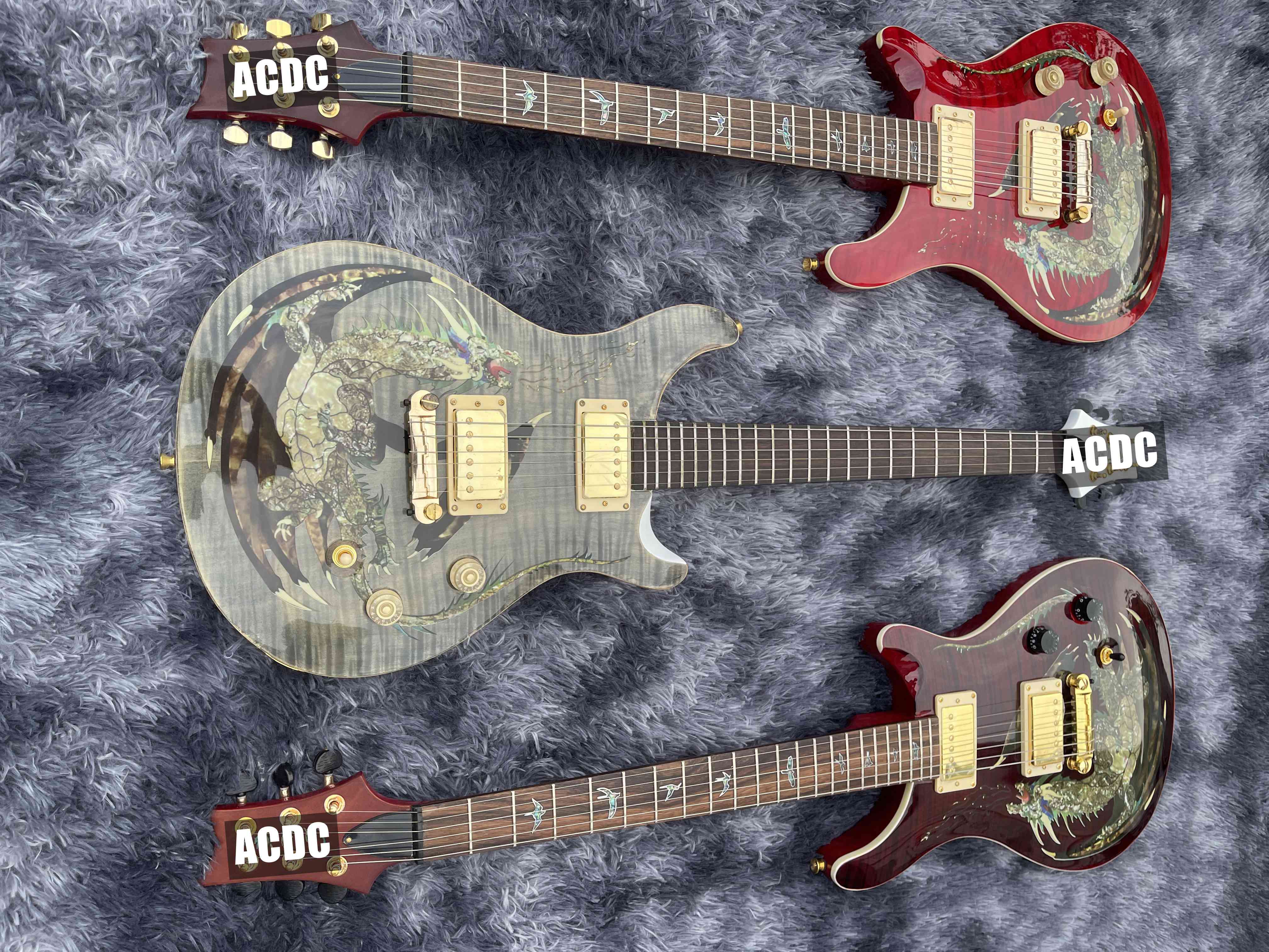 

Paul Smith Dragon Red Green Blue Yellow Grey Flame Maple Top Electric Guitar Abalone Birds Inlay, Wrap Arround Tailpiece / Tremolo Brdige, Gold Hardware