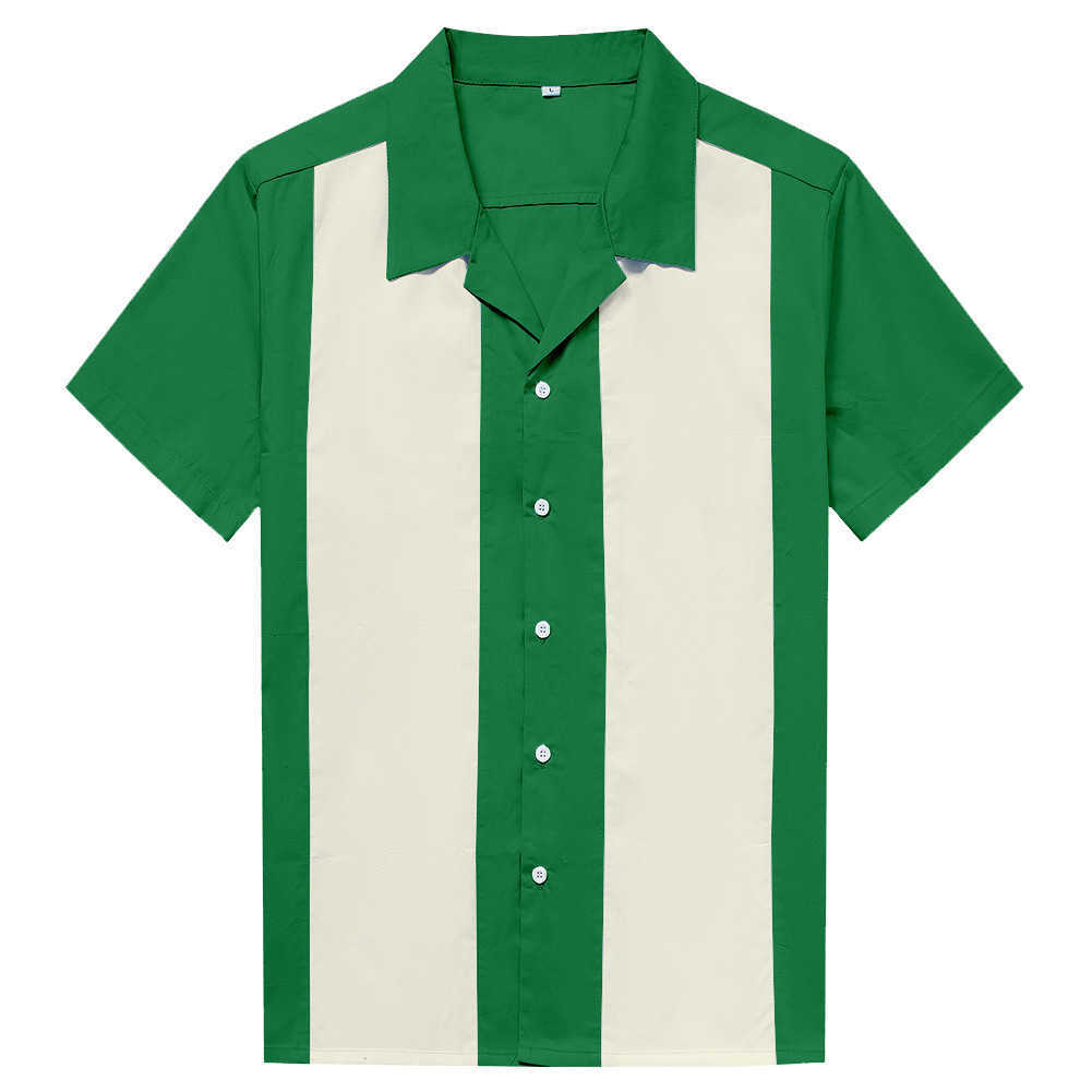 

Vertical Striped Shirt Men Casual Button-Down Dress Cotton Shirts Short Sleeve Camiseta Retro Hombre Bowling Men's Shirts 210527, Green