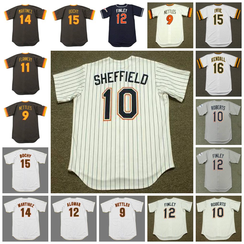 

San Diego Vintage Baseball Jersey 9 GRAIG NETTLES 1984 10 BIP ROBERTS 1991 GARY SHEFFIELD 1992 FLANNERY ALOMAR FINLEY MARTINEZ 15 BRUCE BOCHY IVIE KENDALL, 10 bip roberts 1991 white