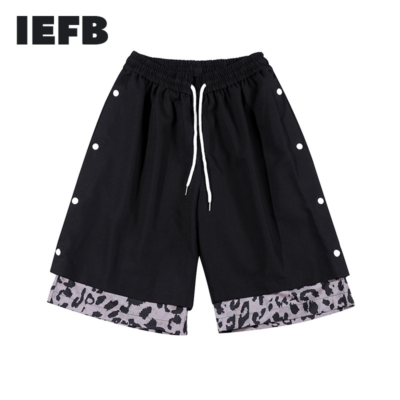 

IEFB Trendy Hip Hop Streetwear Men's Sports Shorts Leopard Pattern Stitching Fake Two-piece Double Breasted Casual Shorts 9Y7284 210524, Black