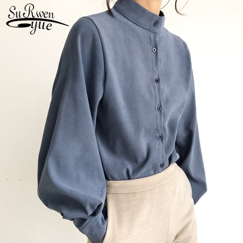 2021 Fashion Women Blouse Shirt Lantern Long Sleeve Women Shirts Solid Stand Collar Office Blouse Womens Tops And Blouses 2516 210317