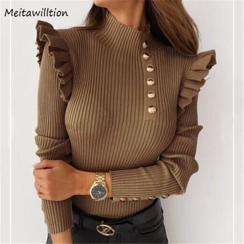 

Women's Blouses & Shirts Autumn Women Ruffle Blouse Shirt 2021 Elegant Casual Solid Long Sleeve Tops Korean Turtleneck Office White
