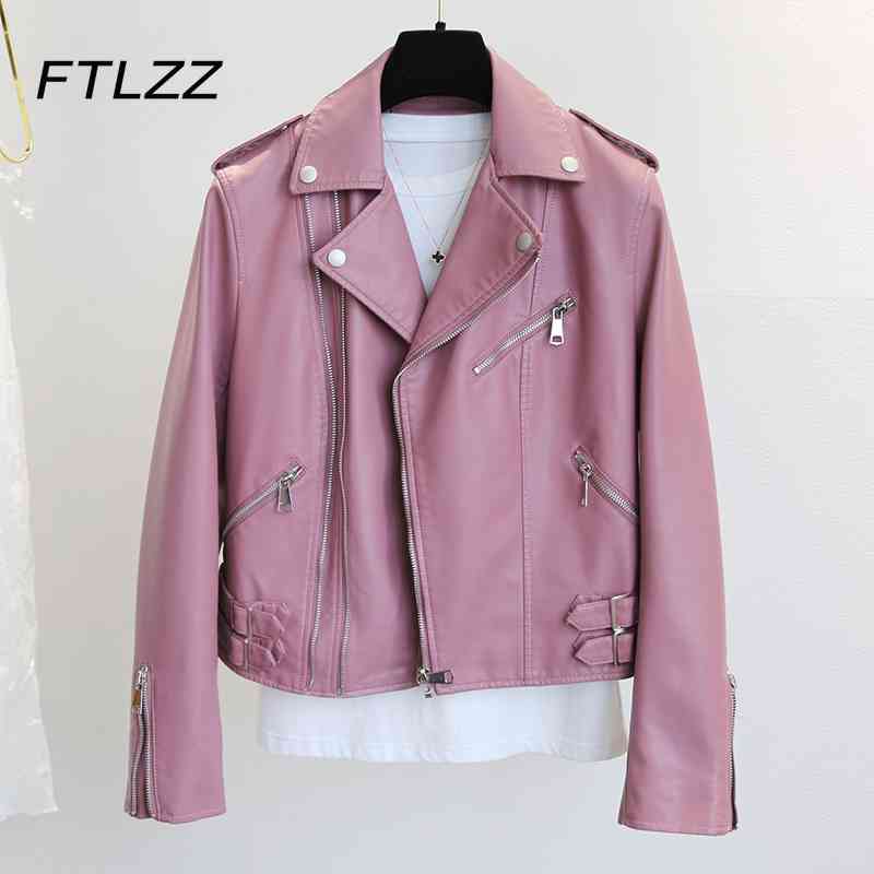 

Women Pink Coat Fashion Spring Autumn Long Sleeve Turn Down Collar Zipper Short Leather Jacket Ladies Biker Moto PU Outwear 210602, Black