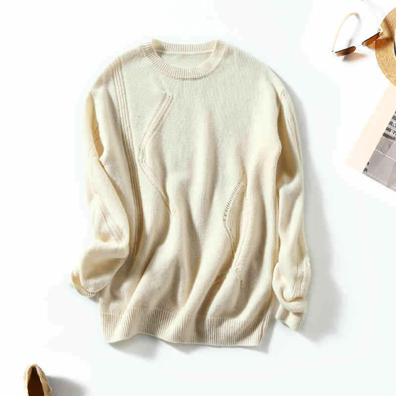 

Women's Sweaters Autumn and winter women's embroidered hollow out knitted sweater top round neck long sleeve fine wool warm bottoming blouse IC5E, White