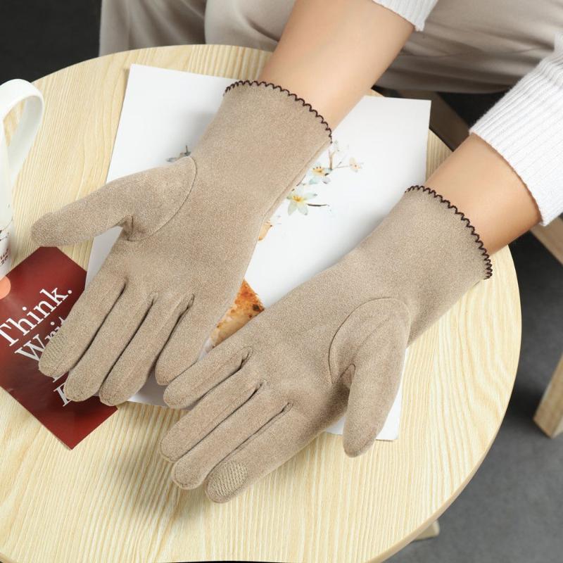 

Five Fingers Gloves Women Winter Full Finger Slim Vintage Windproof Touch Screen Hand Warmer Suede Glove Female Young Students, Blue;gray