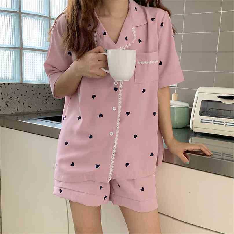 

Summer Comfortable Sleepwear Turn Down Collar Loose Sweet Homewear Chic Printing Women Girls Pajamas Sets 210525, White