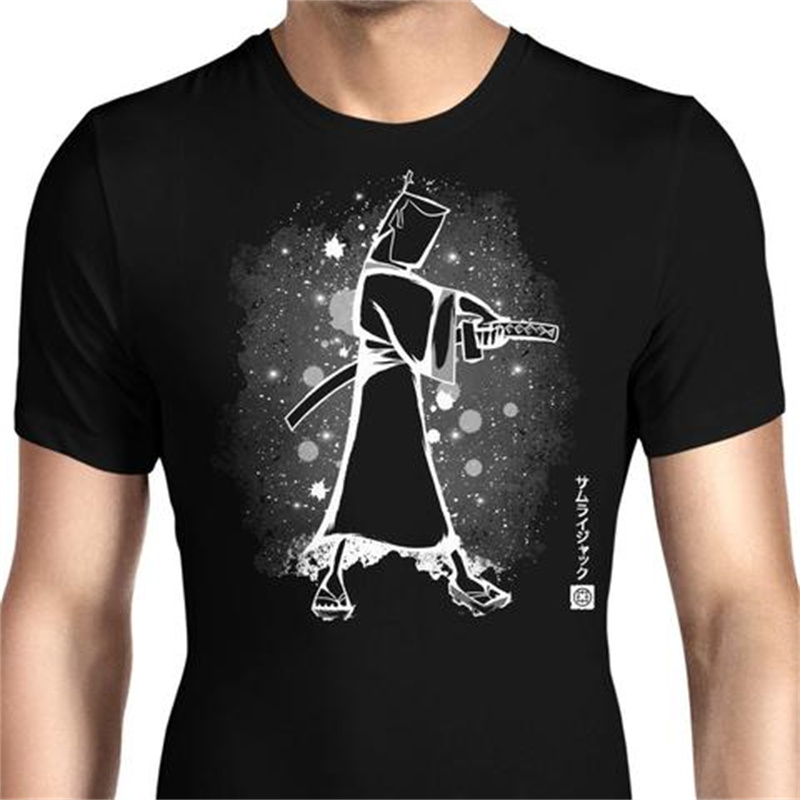 

Fashion cartoon samurai print pattern round neck short-sleeved T-shirt for men and women, comfortable and loose, White;black