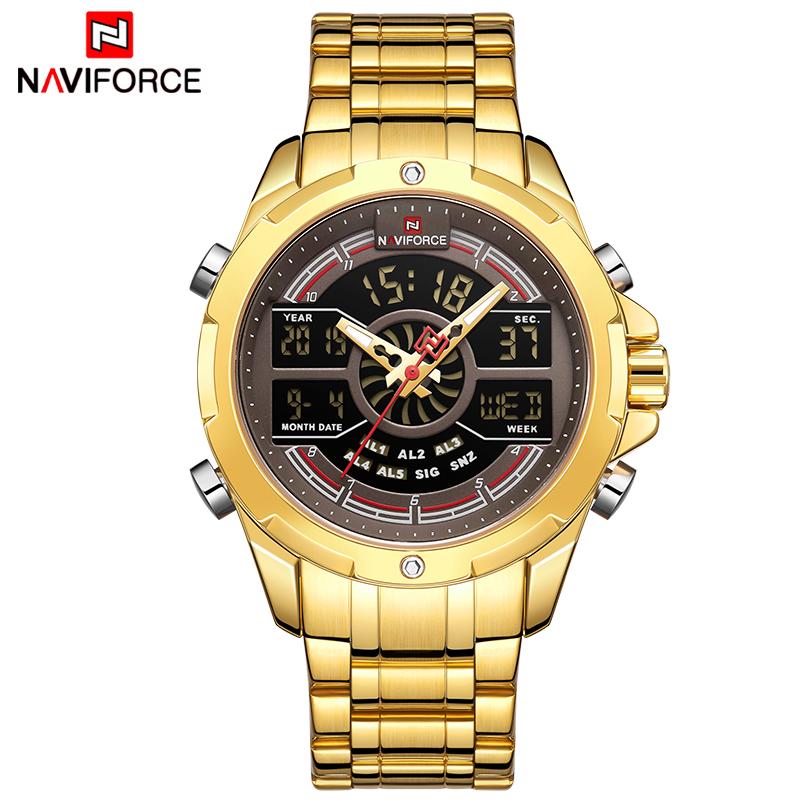 

Wristwatches Watch Men Top NAVIFORCE Dual Display Gold Watches Mens Full Steel Sports Quartz Relogio Masculino, Slivery;brown
