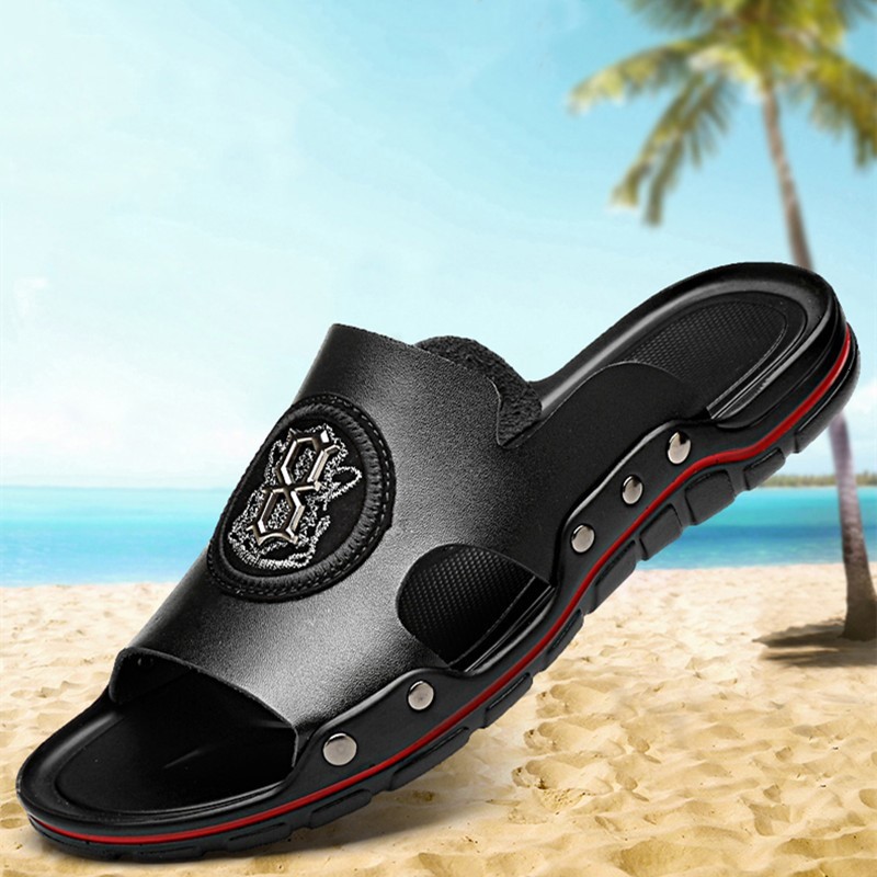 

slippers new men's male casual flip flops genuine leather non-slip beach sandals luxury handmade outdoor sdg8, Black