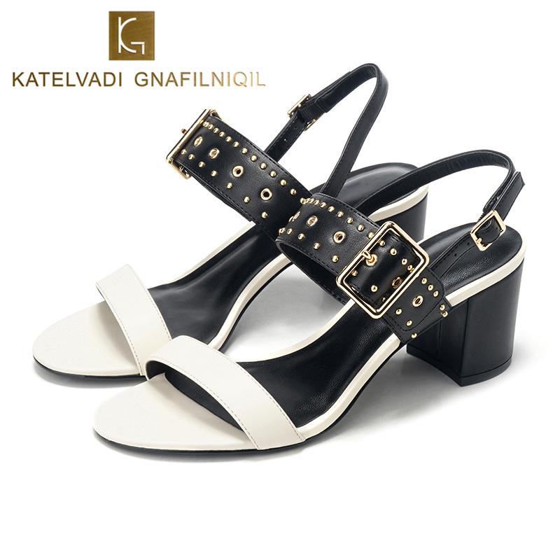 

Dress Shoes KATELVADI Sandals Summer Fashion White PU Leather Square Heels Women 6CM High Heel Wedding K-347, Black