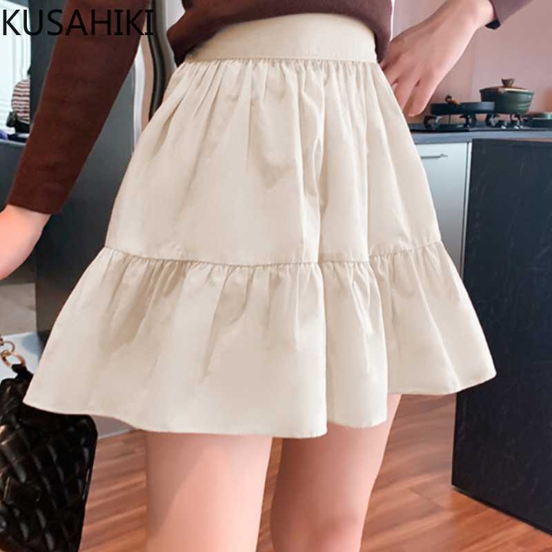 

KUSAHIKI Korean Pleated Patchwork A-line Mini Skirts Higt Waisted Woman Skirt Causal Fashion Sweet Mujer Faldas 6H328 210602, Beige