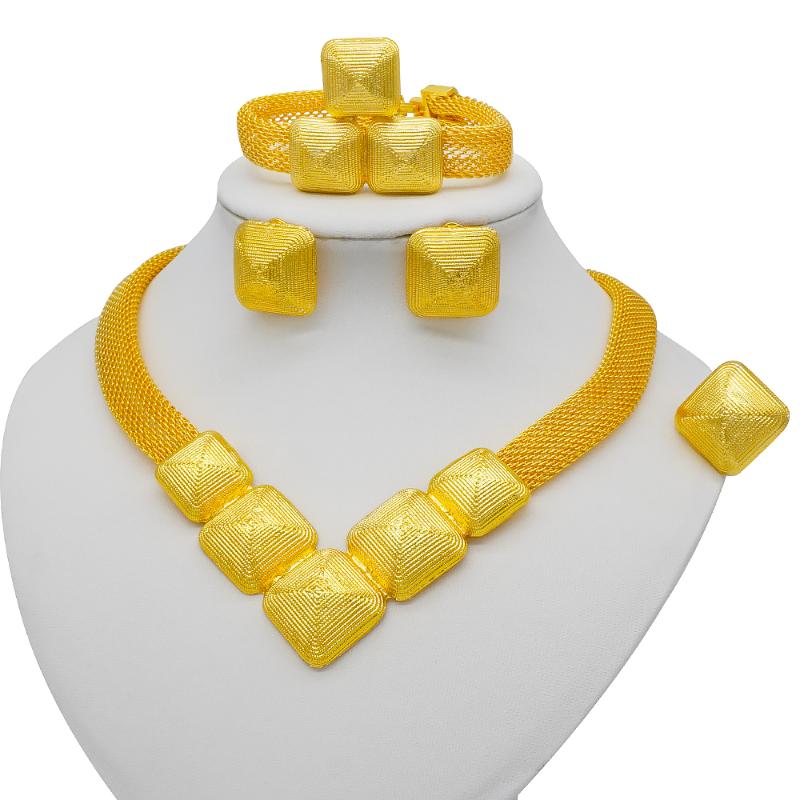 

Earrings & Necklace Nigeria Dubai 24K Gold Color Jewelry Sets African Bridal Wedding Gifts Party For Women Bracelet Ring Set, As pic