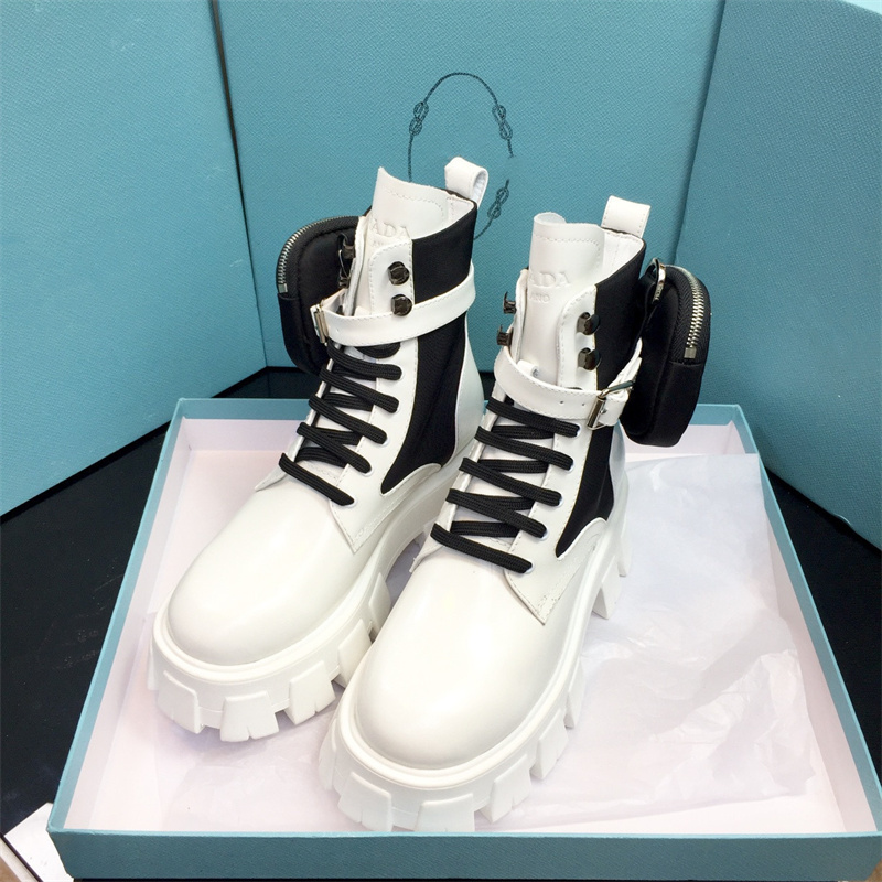 

Pr--da Designer Luxury Womens Boots Fashion Leather Rubber Shoes Nylon Martin Locomotive Military Combat Boot with Box Heatshoes, Foam