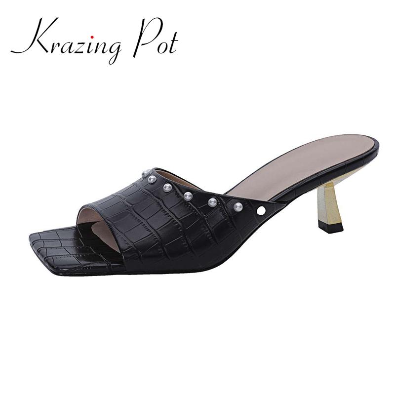 

Dress Shoes Krazing Pot Open Toe Genuine Leather Thin High Heels Slingback Young Lady Cozy Solid Office Pearl Slip On Women Sandals L06, Black