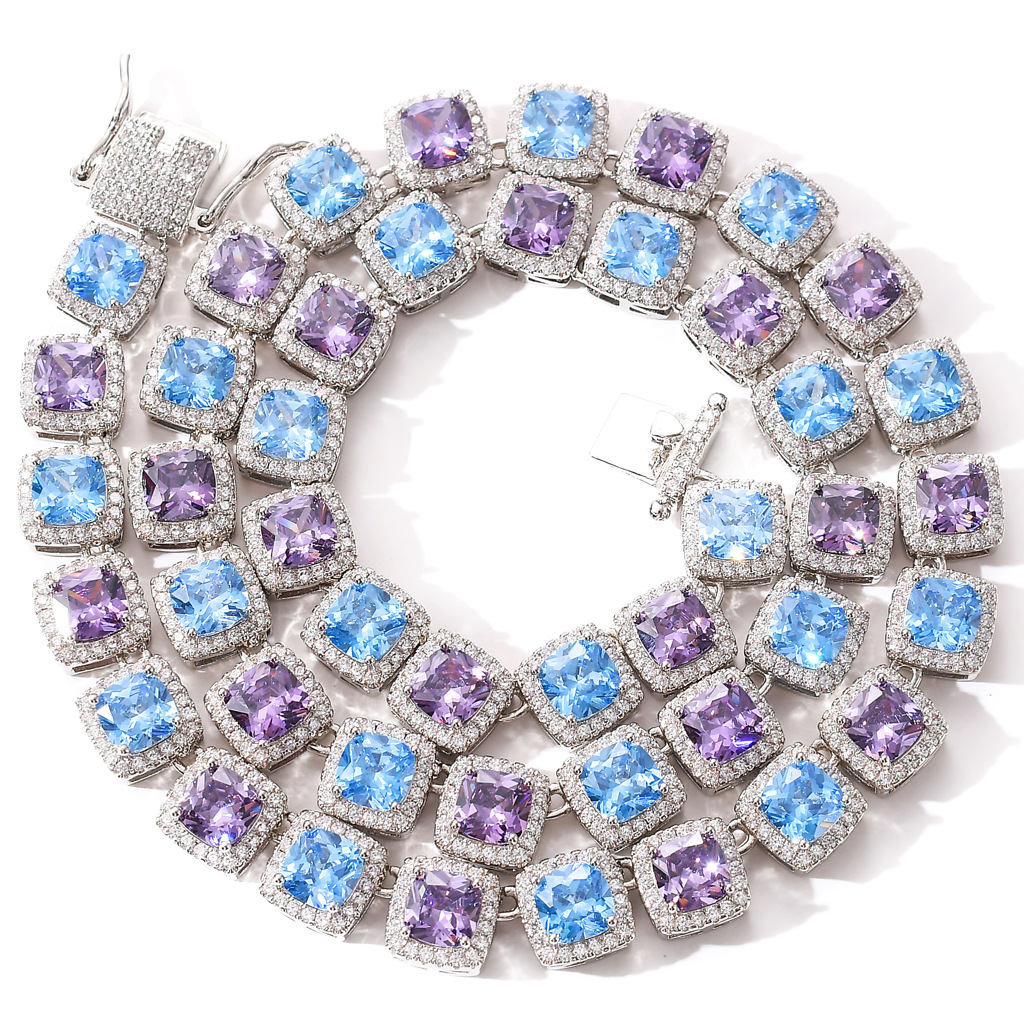 

European and American high-quality hip-hop CZ graduated Travel to commemorate inlaid men's necklace 10mm square color blue purple diamo, Black